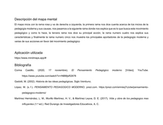 Descripción del mapa mental
El mapa inicia con la rama rosa y va de derecha a izquierda, la primera rama nos dice cuenta acerca de los inicios de la
pedagogía moderna y sus causas, nos pasamos a la siguiente rama donde nos explica que es lo que busca este movimiento
pedagógico y como lo hace, la tercera rama nos dice su principal acción, la rama numero cuatro nos explica sus
características y finalmente la rama numero cinco nos muestra los principales aportadores de la pedagogía moderna y
varias de sus acciones en favor del movimiento pedagógico
Aplicación utilizada
https://www.mindmaps.app/#
Bibliografía
Corina Castillo. (2020, 17 noviembre). El Pensamiento Pedagógico moderno [Vídeo]. YouTube.
https://www.youtube.com/watch?v=rNBMjsR2678
Gadotti, M. (2002). Historia de las ideas pedagógicas. Siglo Veintiuno.
López, M. (s. f.). PENSAMIENTO PEDAGOGICO MODERNO. prezi.com. https://prezi.com/emrieq7czvtw/pensamiento-
pedagogico-moderno/
Martínez Hernández, L. M., Murillo Martínez, H. V., & Martínez Leyva, D. E. (2017). Vida y obra de los pedagogos mas
influyentes (1.a ed.). Red Durango de Investigadores Educativos, A. C.
 