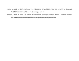 RAMOS VALDEZ, A. (2007). ALGUNOS PROTAGONISTAS DE LA PEDAGOGÍA; VIDA Y OBRA DE GRANDES
MAESTROS: Vol. Número 4. Universidad pedagógica nacional.
Timetoast. (1789, 1 enero). La historia del pensamiento pedagógico moderno timeline. Timetoast timelines.
https://www.timetoast.com/timelines/la-historia-del-pensamiento-pedagogico-moderno
 
