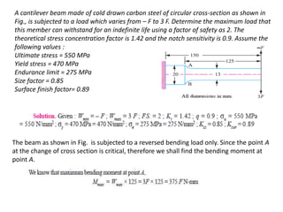 A cantilever beam made of cold drawn carbon steel of circular cross-section as shown in
Fig., is subjected to a load which varies from – F to 3 F. Determine the maximum load that
this member can withstand for an indefinite life using a factor of safety as 2. The
theoretical stress concentration factor is 1.42 and the notch sensitivity is 0.9. Assume the
following values :
Ultimate stress = 550 MPa
Yield stress = 470 MPa
Endurance limit = 275 MPa
Size factor = 0.85
Surface finish factor= 0.89
The beam as shown in Fig. is subjected to a reversed bending load only. Since the point A
at the change of cross section is critical, therefore we shall find the bending moment at
point A.
 