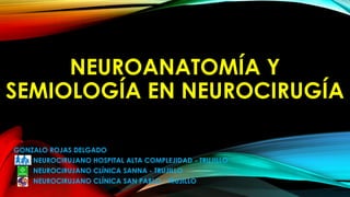 NEUROANATOMÍA Y
SEMIOLOGÍA EN NEUROCIRUGÍA
GONZALO ROJAS DELGADO
NEUROCIRUJANO HOSPITAL ALTA COMPLEJIDAD - TRUJILLO
NEUROCIRUJANO CLÍNICA SANNA - TRUJILLO
NEUROCIRUJANO CLÍNICA SAN PABLO - TRUJILLO
 