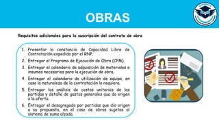 OBRAS
1. Presentar la constancia de Capacidad Libre de
Contratación expedida por el RNP.
2. Entregar el Programa de Ejecución de Obra (CPM).
3. Entregar el calendario de adquisición de materiales o
insumos necesarios para la ejecución de obra.
4. Entregar el calendario de utilización de equipo, en
caso la naturaleza de la contratación lo requiera.
5. Entregar los análisis de costos unitarios de las
partidas y detalle de gastos generales que da origen
a la oferta.
6. Entregar el desagregado por partidas que dio origen
a su propuesta, en el caso de obras sujetas al
sistema de suma alzada.
Requisitos adicionales para la suscripción del contrato de obra
 
