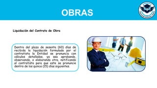 OBRAS
Dentro del plazo de sesenta (60) días de
recibida la liquidación formulada por el
contratista la Entidad se pronuncia con
cálculos detallados, ya sea aprobando,
observando, o elaborando otra, notificando
al contratista para que este se pronuncie
dentro de los quince (15) días siguientes.
Liquidación del Contrato de Obra
 