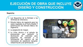 EJECUCIÓN DE OBRA QUE INCLUYE
DISEÑO Y CONSTRUCCIÓN
1. Los Requisitos de la Entidad o los
términos de referencia.
2. Estudio básico de ingeniería para los
casos regulados en el Punto Diseño Y
Construcción Con Estudio Básico De
Ingeniería.
3. La asignación de riesgos.
4. La ficha técnica o el estudio de
preinversión que sustentó la
declaración de viabilidad para
proyectos de inversión o la
información del registro de las
inversiones de ampliación marginal,
rehabilitación y de optimización.
Requisitos
 