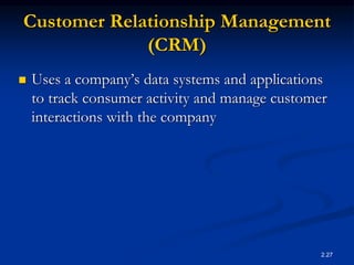2.27
Customer Relationship Management
(CRM)
 Uses a company’s data systems and applications
to track consumer activity and manage customer
interactions with the company
 