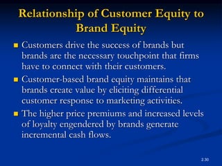 2.30
Relationship of Customer Equity to
Brand Equity
 Customers drive the success of brands but
brands are the necessary touchpoint that firms
have to connect with their customers.
 Customer-based brand equity maintains that
brands create value by eliciting differential
customer response to marketing activities.
 The higher price premiums and increased levels
of loyalty engendered by brands generate
incremental cash flows.
 