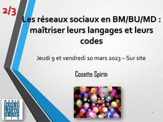 1
2/3
Cosette Spirin
Les réseaux sociaux en BM/BU/MD :
maîtriser leurs langages et leurs
codes
Jeudi 9 et vendredi 10 mars 2023 – Sur site
 