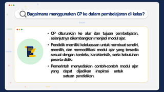 Bagaimana menggunakan CPke dalam pembelajaran di kelas?
• CP diturunkan ke alur dan tujuan pembelajaran,
selanjutnya dikembangkanmenjadimodulajar.
• Pendidik memiliki keleluasaan untuk membuat sendiri,
memilih, dan memodifikasi modul ajar yang tersedia
sesuai dengan konteks, karakteristik, serta kebutuhan
pesertadidik.
• Pemerintah menyediakan contoh-contoh modul ajar
yang dapat dijadikan inspirasi untuk
satuan pendidikan.
 