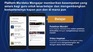 Platform Merdeka Mengajar memberikan kesempatan yang
setara bagi guru untuk terus belajar dan mengembangkan
kompetensinya kapan pun dan di mana pun
Belajar
Pelatihan Mandiri
Guru dapat memperoleh materi pelatihan
berkualitas dengan mengaksesnya secara
mandiri
Video Inspirasi
Guru bisa mendapatkan beragam video
inspiratif untuk mengembangkan diri
dengan akses tidak terbatas.
 