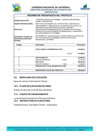 GOBIERNO REGIONAL DE APURÍMAC
DIRECCION SUB REGIONAL DE LA PRODUCCION
-ANDAHUAYLAS
EXPEDIENTE TÉCNICO DE ADICIONALES (PARTIDAS NUEVAS): MEJORAMIENTO Y ADECUACION DEL CENTRO PISCICOLA DE
PACUCHA EN LA LOCALIDAD DE ISCHUBAMBA, DISTRITO DE PACUCHA – ANDAHUAYLAS - APURIMAC
RESUMEN DE PRESUPUESTO DEL PROYECTO
UNIDAD EJECUTORA
UNIDAD OPERATIVAZONAL DIRECCION SUB REGIONAL DE LA PRODUCCION - ANDAHUAYLAS
PROYECTO
Código Descripción Parcial (S/.)
A COSTO DIRECTO INFRAESTRUCTURA 312,869.50
(CD) S/. 312,869.50
B COSTO DIRECTO 312,869.50
C GASTOS GENERALES 12.01% 37,575.00
D SUB TOTAL 350,444.50
E ELB. EXP. TECNICO 1.92% 6,000.00
F PRESUPUESTO TOTAL INFRAESTRUCTURA 356,444.50
G PRESUPUESTO TOTAL DEL PROYECTO 356,444.50
:"MEJORAMIENTO Y AMPLIACION DE LOS SERVICIOS DE APOYO A LA
ADOPCIÓN TECNOLÓGICA PRODUCTIVA DEL PEJERREY
(ODONTHESTES BONAERIENCES) EN 15 LAGUNAS CON POTENCIAL
PRODUCTIVO EN LAS PROVINCIAS DE ANDAHUAYLAS Y CHINCHEROS
DEL DEPARTAMENTO DE APURIMAC"
: GOBIERNO REGIONAL DE APURIMAC - GERENCIA SUB REGIONAL
CHANKA - ANDAHUAYLAS
MEJORAMIENTO Y ADECUACION DEL CENTRO PISCICOLA DE PACUCHA
EN LA LOCALIDAD DE ISCHUBAMBA, DISTRITO DE PACUCHA –
ANDAHUAYLAS - APURIMAC
EXPEDIENTE TÉCNICO DE
ADICIONALES (PARTIDAS
NUEVAS):
9.0 MODALIDAD DE EJECUCIÓN
Ejecución será por Administración Directa.
10.0 PLAZO DE EJECUCIÓN DE OBRA
El plazo de ejecución es de 60 días calendarios.
11.0 FUENTE DE FINANCIAMIENTO
La fuente de financiamiento es Recursos Ordinarios
12.0 ENTIDAD PÚBLICA EJECUTORA
Entidad Ejecutora: Sub Región Chanka - Andahuaylas.
 