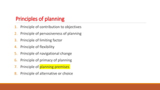 Principles of planning
1. Principle of contribution to objectives
2. Principle of pervasiveness of planning
3. Principle of limiting factor
4. Principle of flexibility
5. Principle of navigational change
6. Principle of primacy of planning
7. Principle of planning premises
8. Principle of alternative or choice
 