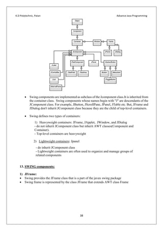 K.D Polytechnic, Patan Advance Java Programming
38
 Swing components are implemented as subclass of the Jcomponent class.It is inherited from
the container class. Swing components whose names begin with "J" are descendants of the
JComponent class. For example, JButton, JScrollPane, JPanel, JTable etc. But, JFrame and
JDialog don't inherit JComponent class because they are the child of top-level containers.
 Swing defines two types of containers:
1) Heavyweight containers: JFrame, JApplet, JWindow, and JDialog
- do not inherit JComponent class but inherit AWT classes(Component and
Container).
- Top-level containers are heavyweight
2) Lightweight containers: Jpanel
- do inherit JComponent class
- Lightweight containers are often used to organize and manage groups of
related components
13. SWING components:
1) JFrame:
 Swing provides the JFrame class that is a part of the javax swing package
 Swing frame is represented by the class JFrame that extends AWT class Frame
 