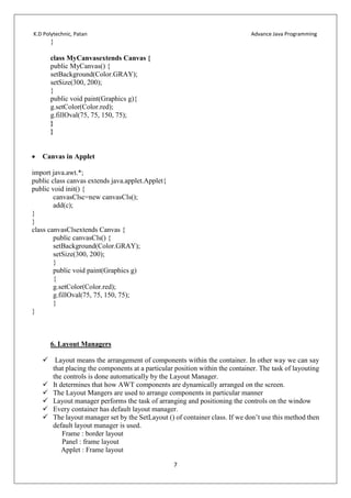K.D Polytechnic, Patan Advance Java Programming
7
}
class MyCanvasextends Canvas {
public MyCanvas() {
setBackground(Color.GRAY);
setSize(300, 200);
}
public void paint(Graphics g){
g.setColor(Color.red);
g.fillOval(75, 75, 150, 75);
}
}
 Canvas in Applet
import java.awt.*;
public class canvas extends java.applet.Applet{
public void init() {
canvasClsc=new canvasCls();
add(c);
}
}
class canvasClsextends Canvas {
public canvasCls() {
setBackground(Color.GRAY);
setSize(300, 200);
}
public void paint(Graphics g)
{
g.setColor(Color.red);
g.fillOval(75, 75, 150, 75);
}
}
6. Layout Managers
 Layout means the arrangement of components within the container. In other way we can say
that placing the components at a particular position within the container. The task of layouting
the controls is done automatically by the Layout Manager.
 It determines that how AWT components are dynamically arranged on the screen.
 The Layout Mangers are used to arrange components in particular manner
 Layout manager performs the task of arranging and positioning the controls on the window
 Every container has default layout manager.
 The layout manager set by the SetLayout () of container class. If we don’t use this method then
default layout manager is used.
Frame : border layout
Panel : frame layout
Applet : Frame layout
 