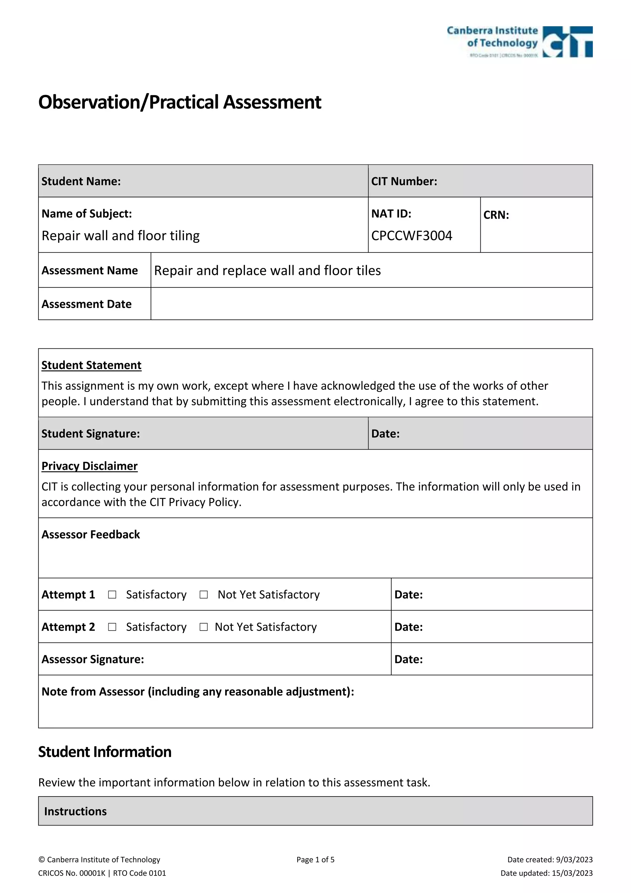 Practical Assessment_ Repair wall and floor tiling.docx | Educational ...