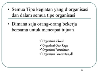 22
• Semua Tipe kegiatan yang diorganisasi
dan dalam semua tipe organisasi
• Dimana saja orang-orang bekerja
bersama untuk mencapai tujuan
Organisasi sekolah
Organisasi OlahRaga
Organisasi Perusahaan
Organisasi Pemerintah, dll
 