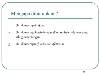 23
Mengapa dibutuhkan ?
1. Untuk mencapai tujuan
2. Untuk menjaga keseimbangan diantara tujuan-tujuan yang
saling bertentangan
3. Untuk mencapai efisiensi dan efektivitas
 