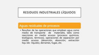 RESIDUOS INDUSTRIALES LÍQUIDOS
Aguas residuales de procesos
• Resultan de las operaciones que emplean agua como
medio de transporte de materiales, tales como
reacciones en medio acuoso (procesos químicos,
biológicos, térmicos), operaciones de separación por
medio acuoso (desorción, absorción, extracción
líqu ido -líquido), derrames, fugas, etc.
 