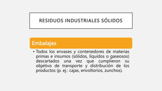 RESIDUOS INDUSTRIALES SÓLIDOS
Embalajes
• Todos los envases y contenedores de materias
primas e insumos (sólidos, líquidos o gaseosos)
descartados una vez que cumplieron su
objetivo de transporte y distribución de los
productos (p. ej.: cajas, envoltorios, zunchos).
 