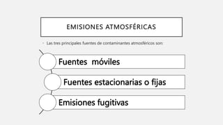EMISIONES ATMOSFÉRICAS
• Las tres principales fuentes de contaminantes atmosféricos son:
Fuentes móviles
Fuentes estacionarias o fijas
Emisiones fugitivas
 