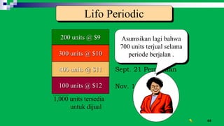 53
Jan. 1 Persediaan
Awal
200 units @ $9
Mar. 10 Pembelian
300 units @ $10
400 units @ $11 Sept. 21 Pembelian
100 units @ $12 Nov. 18 Purchase
1,000 units tersedia
untuk dijual
Lifo Periodic
Asumsikan lagi bahwa
700 units terjual selama
periode berjalan .
 