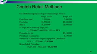 63
Contoh Retail Methode
UD. Berkat mempunyai data persediaan sebagai berikut :
Harga Pokok Harga Jual
Persediaan awal 3.500.000 7.000.000
Pembelian 15.750.000 + 28.000.000 +
BTUD 19.250.000 35.000.000
% harga pokok terhadap harga jual :
(19.250.000/35.000.000) x 100% = 55 %
Penjualan bersih 29.500.000 –
Persediaan akhir eceran 5.500.000
Persediaan akhir eceran dengan harga pokok (perolehan) :
55 % x 5.500.000 = 3.025.000
Beban Pokok Penjualan :
19.250.000 – 3.025.000 = 16.225.000
 