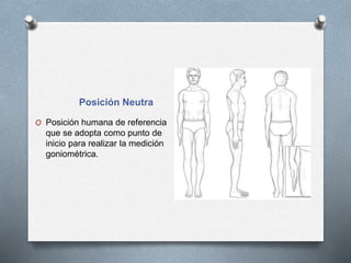 Posición Neutra
O Posición humana de referencia
que se adopta como punto de
inicio para realizar la medición
goniométrica.
 