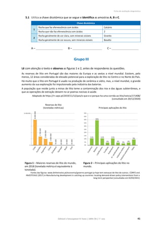 Ficha de avaliação diagnóstica
Editável e fotocopiável © Texto | 100% CN | 7.o
ano 41
5.1 Utiliza a chave dicotómica que se segue e identifica as amostras A, B e C.
Chave dicotómica
1
Rocha que faz efervescência com ácidos Calcário
Rocha que não faz efervescência com ácidos 2
2
Rocha geralmente de cor clara, com minerais visíveis Granito
Rocha geralmente de cor escura, sem minerais visíveis Basalto
A – ______________________ B – ________________________ C – ______________________
Grupo III
Lê com atenção o texto e observa as figuras 1 e 2, antes de responderes às questões.
As reservas de lítio em Portugal são das maiores da Europa e as sextas a nível mundial. Existem, pelo
menos, 12 áreas consideradas de elevado potencial para a exploração de lítio no Centro e no Norte do País.
Há muito que o lítio em Portugal é usado na produção de cerâmica e vidro, mas, a nível mundial, o grande
aumento da sua exploração foi impulsionado pela indústria das baterias.
A população que reside junto a minas de lítio teme a contaminação dos rios e das águas subterrâneas, e
que as operações de extração deixem no ar poeiras nocivas à saúde.
Adaptado de https://rr.sapo.pt/2019/11/12/pais/o-que-e-e-porque-ha-uma-corrida-ao-litio/noticia/171408/
(consultado em 20/12/2020)
Reservas de lítio
(toneladas métricas) Principais aplicações do lítio
Figura 1 – Maiores reservas de lítio do mundo,
em 2018 (tonelada métrica é equivalente à
tonelada).
Figura 2 – Principais aplicações do lítio no
mundo.
Fontes das figuras: www.dinheirovivo.pt/economia/governo-portugal-ja-hoje-tem-extracao-de-litio-de-outros-; CORFO and
INVESTCHILE (2017) in Manufacturing development in catching up countries: locating demand-driven policy interventions from a
long-term perspective (consultadas em 02/03/2021)
 