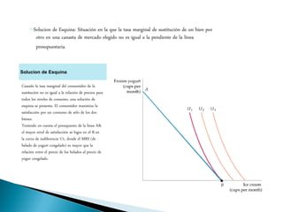 Cuando la tasa marginal del consumidor de la
sustitución no es igual a la relación de precios para
todos los niveles de consumo, una solución de
esquina se presenta. El consumidor maximiza la
satisfacción por un consumo de sólo de los dos
bienes.
Teniendo en cuenta el presupuesto de la línea AB,
el mayor nivel de satisfacción se logra en el B en
la curva de indiferencia U1, donde el MRS (de
helado de yogurt congelado) es mayor que la
relación entre el precio de los helados al precio de
yogur congelado.
Solucion de Esquina
●Solucion de Esquina: Situación en la que la tasa marginal de sustitución de un bien por
otro en una canasta de mercado elegido no es igual a la pendiente de la línea
presupuestaria.
 
