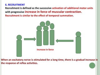 6. RECRUITMENT
Recruitment is defined as the successive activation of additional motor units
with progressive increase in force of muscular contraction.
increase in force
Recruitment is similar to the effect of temporal summation.
When an excitatory nerve is stimulated for a long time, there is a gradual increase in
the response of reflex activities.
 