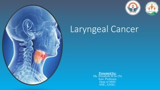 Laryngeal Cancer
Presented by:
Ms. Elizabeth M.Sc (N)
Asst. Professor,
Dept of MSN
NNC, GNSU.
 