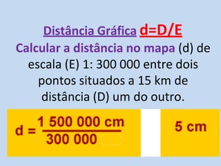 Distância Gráfica d=D/E
Calcular a distância no mapa (d) de
escala (E) 1: 300 000 entre dois
pontos situados a 15 km de
distância (D) um do outro.
 