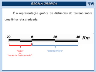 ESCALA GRÁFICA 
É a representação gráfica de distâncias do terreno sobre
uma linha reta graduada.
“talão”
ou
“escala de fracionamento”,
“escala primária”
 