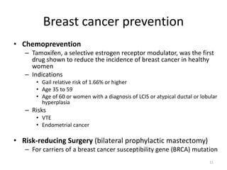 Breast cancer prevention
• Chemoprevention
– Tamoxifen, a selective estrogen receptor modulator, was the first
drug shown to reduce the incidence of breast cancer in healthy
women
– Indications
• Gail relative risk of 1.66% or higher
• Age 35 to 59
• Age of 60 or women with a diagnosis of LCIS or atypical ductal or lobular
hyperplasia
– Risks
• VTE
• Endometrial cancer
• Risk-reducing Surgery (bilateral prophylactic mastectomy)
– For carriers of a breast cancer susceptibility gene (BRCA) mutation
11
 