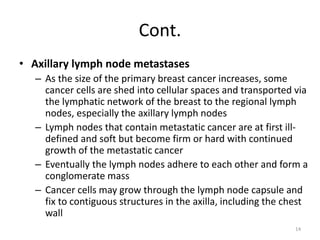 Cont.
• Axillary lymph node metastases
– As the size of the primary breast cancer increases, some
cancer cells are shed into cellular spaces and transported via
the lymphatic network of the breast to the regional lymph
nodes, especially the axillary lymph nodes
– Lymph nodes that contain metastatic cancer are at first ill-
defined and soft but become firm or hard with continued
growth of the metastatic cancer
– Eventually the lymph nodes adhere to each other and form a
conglomerate mass
– Cancer cells may grow through the lymph node capsule and
fix to contiguous structures in the axilla, including the chest
wall
14
 