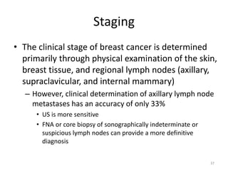 Staging
• The clinical stage of breast cancer is determined
primarily through physical examination of the skin,
breast tissue, and regional lymph nodes (axillary,
supraclavicular, and internal mammary)
– However, clinical determination of axillary lymph node
metastases has an accuracy of only 33%
• US is more sensitive
• FNA or core biopsy of sonographically indeterminate or
suspicious lymph nodes can provide a more definitive
diagnosis
37
 