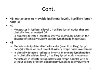 Cont.
• N1: metastases to movable ipsilateral level I, II axillary lymph
node(s)
• N2
– Metastases in ipsilateral level I, II axillary lymph nodes that are
clinically fixed or matted OR
– In clinically detected ipsilateral internal mammary nodes in the
absence of clinically evident axillary lymph node metastases
• N3
– Metastasis in ipsilateral infraclavicular (level III axillary) lymph
node(s) with or without level I, II axillary lymph node involvement
– In clinically detected ipsilateral internal mammary lymph node(s)
with clinically evident level I, II axillary lymph node metastases
– Metastases in ipsilateral supraclavicular lymph node(s) with or
without axillary or internal mammary lymph node involvement
39
 