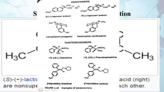 Stereochemistry and Drug Action
Stereoisomers : Molecules having same number and kind of atoms
but different three dimensional structure
Enantiomers : Mirror images , non superimposable, chiral center,
optical rotation
Diastereisomers : all other isomers other than enantiomers
• Geometric isomers , have different physiochemical properties
• Spatial arrangements – asymmetrical environment
• Pharmacokinetics and Pharmacodynamics properties
 