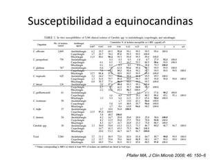 Susceptibilidad a equinocandinas
Pfaller MA, J Clin Microb 2008; 46: 150–6
 