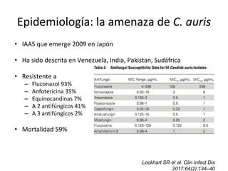 Epidemiología: la amenaza de C. auris
• IAAS que emerge 2009 en Japón
• Ha sido descrita en Venezuela, India, Pakistan, Sudáfrica
• Resistente a
– Fluconazol 93%
– Anfotericina 35%
– Equinocandinas 7%
– A 2 antifúngicos 41%
– A 3 antifúngicos 2%
• Mortalidad 59%
Lockhart SR et al. Clin Infect Dis
2017;64(2):134–40
 