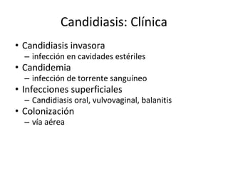 Candidiasis: Clínica
• Candidiasis invasora
– infección en cavidades estériles
• Candidemia
– infección de torrente sanguíneo
• Infecciones superficiales
– Candidiasis oral, vulvovaginal, balanitis
• Colonización
– vía aérea
 