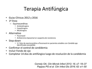Terapia Antifúngica
• Guias Clínicas 2012 y 2016
• 1ª línea
– Equinocandinas
• Anidulafungina
• Caspofungina
• Micafungina
• Alternativo
• Fluconazol
• Anfotericina liposomal en sospecha de resistencia
• Step-down
• 5-7 días de equinocandina a fluconazol en pacientes estables con Candida spp
identificada susceptible
• Confirmar el control de candidemia
• Incluir Fondo de ojo
• Completar 14 días de antifúngico luego de resolución de la candidemia
Cornely OA, Clin Microb Infect 2012; 18, s7: 19–37
Pappas PG et al. Clin Infect Dis 2016; 62: e1–50
 