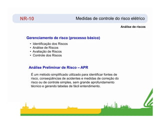 NR-10
Análise de riscos
• Identificação dos Riscos
• Análise de Riscos
• Avaliação de Riscos
• Controle dos Riscos
Gerenciamento de risco (processo básico)
Medidas de controle do risco elétrico
É um método simplificado utilizado para identificar fontes de
risco, conseqüências de acidentes e medidas de correção do
risco ou de controle simples, sem grande aprofundamento
técnico e gerando tabelas de fácil entendimento.
Análise Preliminar de Risco – APR
 
