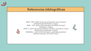 Resources
ANEP - CEIP. (2008) “Programa de Educación Inicial y Primaria”.
Editorial Rosgal. Montevideo, Uruguay.
ANEP – CEP. (2016) “Documento Base de Análisis Curricular”.
Montevideo, Uruguay.
BIXIO, C. (2014) “Secuencias Didácticas. Enseñar y aprender en el aula”.
Editorial AULA. Montevideo, Uruguay.
FERREIRA, L. (abril, 2018) Planificación. ¿Qué implica planificar?.
Quehacer Educativo, Año XXVIII (148), 3.
Referencias bibliográficas
 