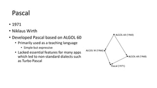 Pascal
• 1971
• Niklaus Wirth
• Developed Pascal based on ALGOL 60
• Primarily used as a teaching language
• Simple but expressive
• Lacked essential features for many apps
which led to non-standard dialects such
as Turbo Pascal
 