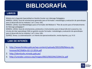 BIBLIOGRAFÍA
Módulo de la Segunda Especialidad en Gestión Escolar con Liderazgo Pedagógico.
MINEDU. (2016). Guía de orientaciones generales para el formador: metodología y evaluación de aprendizajes
para el desarrollo de los módulos 1 al 5. Lima: USIL.
MINEDU. (2016). Guía Metodológica para el Formador del Módulo 6: "Plan de acción para el fortalecimiento
de liderazgo pedagógico".
MINEDU. (2016). Guía de orientaciones, protocolos e instrumentos para el desarrollo de la asesoría y los
círculos de inter aprendizaje CIAG en gestión escolar formador: metodología y evaluación de aprendizajes
para el desarrollo de los módulos 1 al 5. Lima: USIL.
QUIROZ, Teresa. La sistematización: un intento de operacionalización, revista Aportes, p.p. 9-13
1. http://www.fondep.gob.pe/wp-content/uploads/2013/09/Marco-de-
Innovaci%C3%B3n-02-12-2014.pdf
2. http://identicole.minedu.gob.pe/
3. http://unesdoc.unesco.org/images/0022/002294/229413s.pdf
LIBROS
LINK DE INTERÉS
 