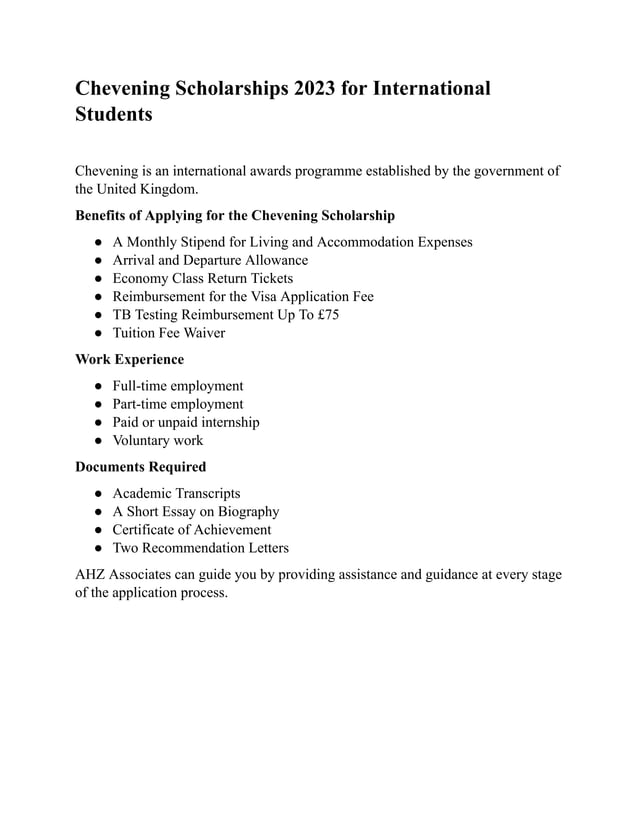 Chevening Scholarships 2023 for International Students | AHZ Associates