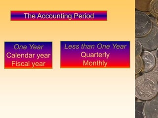 The Accounting Period
One Year
Calendar year
Fiscal year
Less than One Year
Quarterly
Monthly
 