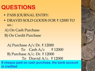 QUESTIONS
• PASS JOURNAL ENTRY:
• DRAVID SOLD GOODS FOR ₹ 12000 TO
us.:
A) On Cash Purchase
B) On Credit Purchase
A) Purchase A/c Dr. ₹ 12000
To Cash A/c ₹ 12000
B) Purchase A/c. Dr. ₹ 12000
To Dravid A/c. ₹ 12000
If cheque paid on cash purchase, the bank account
is credited
 