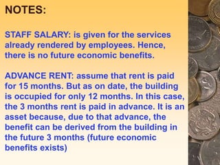 NOTES:
STAFF SALARY: is given for the services
already rendered by employees. Hence,
there is no future economic benefits.
ADVANCE RENT: assume that rent is paid
for 15 months. But as on date, the building
is occupied for only 12 months. In this case,
the 3 months rent is paid in advance. It is an
asset because, due to that advance, the
benefit can be derived from the building in
the future 3 months (future economic
benefits exists)
 