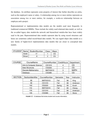 Fundamental of Database Systems: Data Models and Database System Architecture
Page 2
the database. An attribute represents some property of interest that further describes an entity,
such as the employee's name or salary. A relationship among two or more entities represents an
association among two or more entities, for example, a works-on relationship between an
employee and a project.
Representational or implementation data models are the models used most frequently in
traditional commercial DBMSs. These include the widely used relational data model, as well as
the so-called legacy data models-the network and hierarchical models-that have been widely
used in the past. Representational data models represent data by using record structures and
hence are sometimes called record-based data models. We can regard object data models as a
new family of higher-level implementation data models that are closer to conceptual data
models.
FIGURE 1.2 A database that stores student and course information.
 