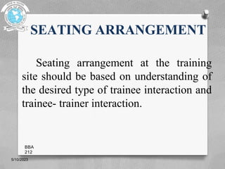SEATING ARRANGEMENT
Seating arrangement at the training
site should be based on understanding of
the desired type of trainee interaction and
trainee- trainer interaction.
5/10/2023
BBA
212
 